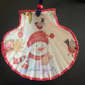 Handmade Snowman Christmas Ornament - Decoupaged Scallop Shell